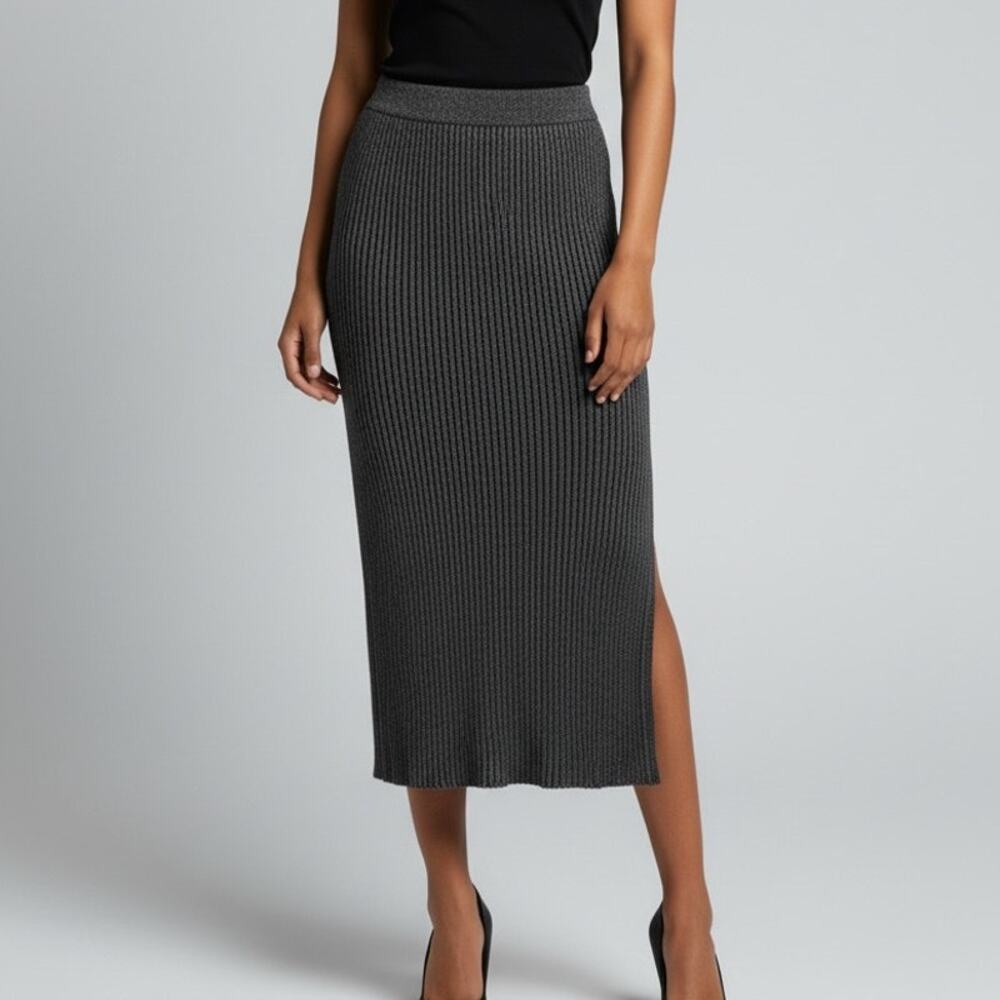 ZARA High Waisted Ribbed Knit Pullon Midi Pencil Skirt SideSlit M Grey Black